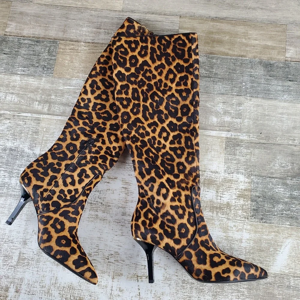 Michael Kors Katerina Womens Tall Boots Sz 5.5 Butterscotch Leopard Animal Print